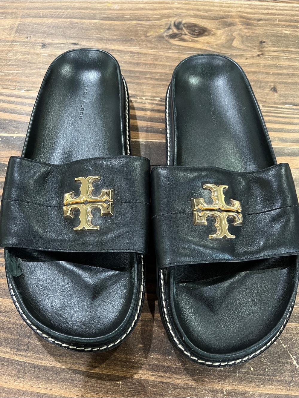 Tory Burch womens Black Slide Sandals with Gold Logo